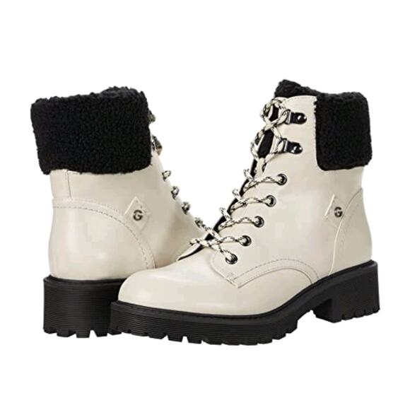 BGB Los Angeles Shoes - GBG LOS ANGELES IVORY FAUX FUR WOMEN'S COMBAT BOOTS - SIZE 7